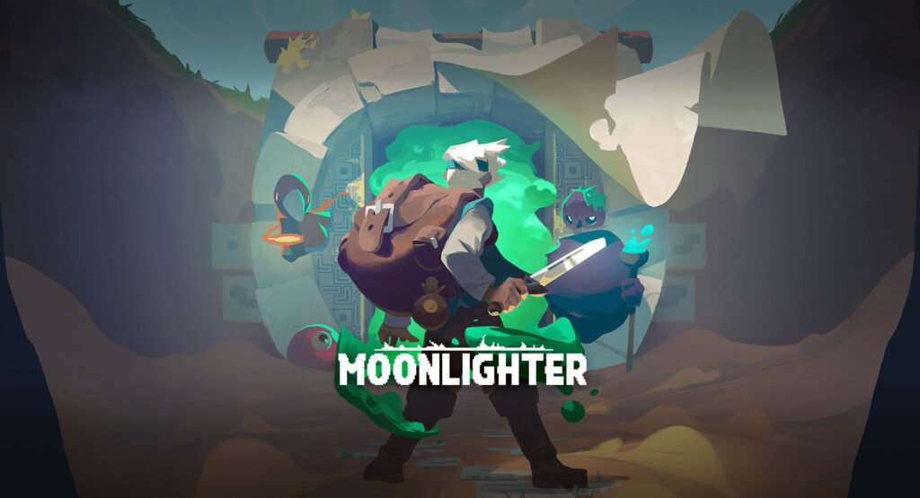 Moonlighter mobil oyununun afişi, görselde ana karakter Will elinde kılıcı ile canavarların karşısında yer alıyor.