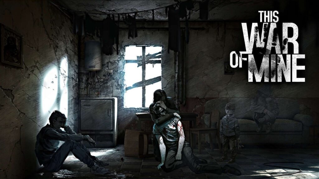This War Of Mine mobil oyununa ait bir afiş, savaşta zarar görmüş insanlar ön plan da yer almakta.